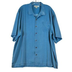 Tommy Bahama Mens XXL Blue 100% Silk Grid Stripe Short Sleeve Camp Shirt Coastal